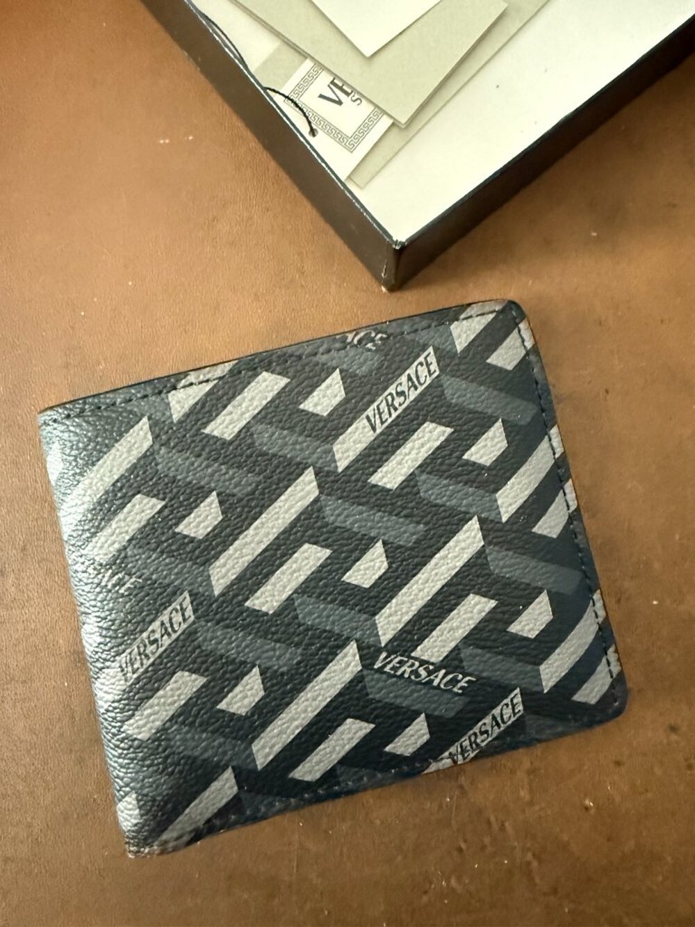 Versace Coated Canvas & Leather Monogram Bifold Wallet